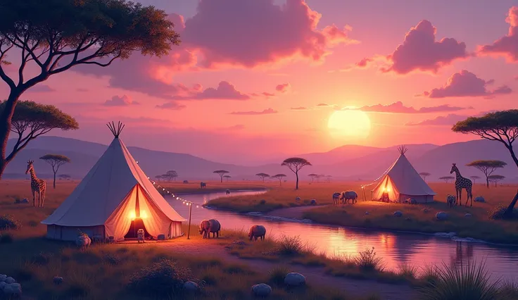   and baby friendly :  , with wide savannas ,  that glow in soft pink ,  colorful animals such as small elephants .  surrounded by glowing acacia trees ,  as the sun slowly sinks behind the horizon . litter,  The sky is warm and calming ,  giraffes and zeb...