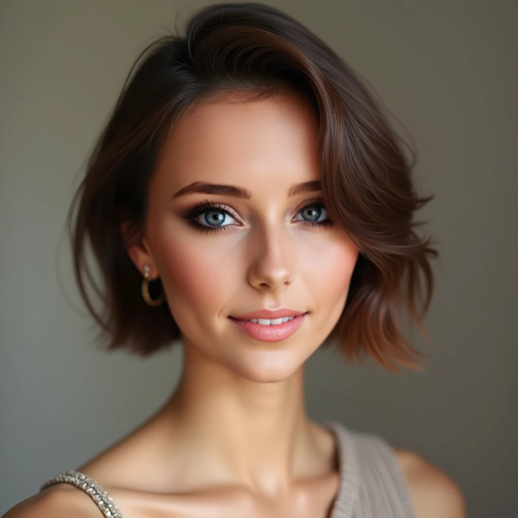 1 very good looking 25 years old girl in shot posing, brown short hair, realistic face, taking a selfie