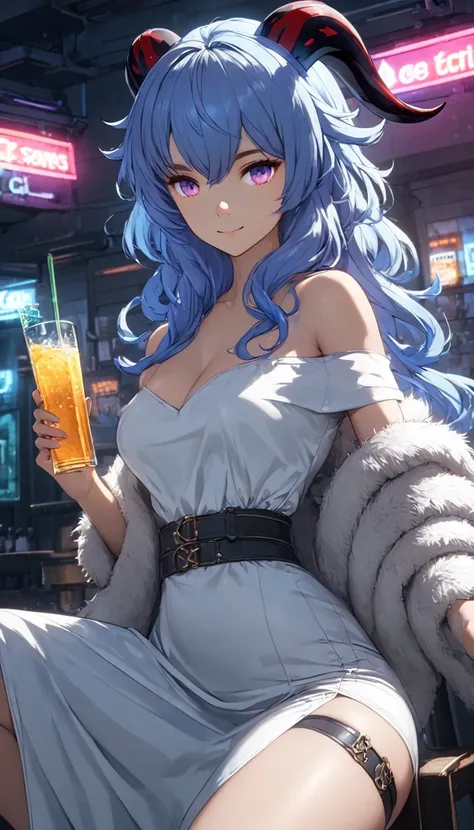 a gorgeous woman in a black leather long dress, off shoulder, wearing a white fur coat, beauty spots, sitting on a chair, in a night bar background, indoor, neon light, vibrant colors, cinematic lighting, dynamic pose, whole body, large anime eyes, highly ...