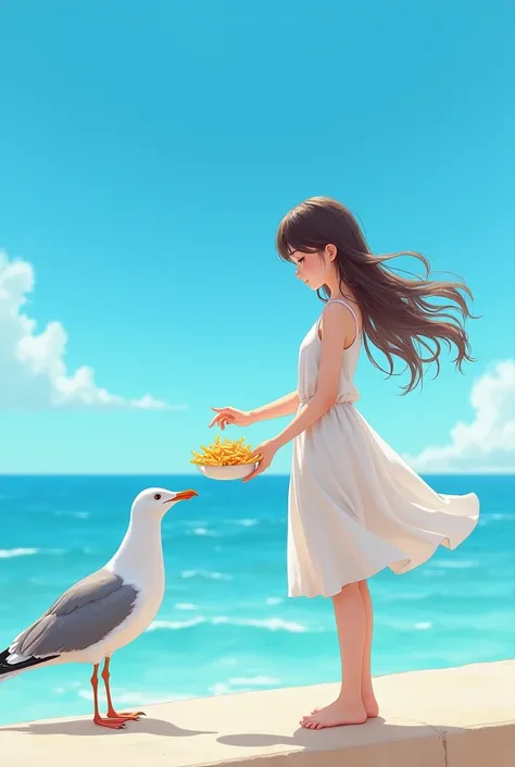 Seagulls in the blue sky、1 beautiful girl offering french fries、Seagulls beak concentrates on French fries、 soft white dress、natural long hair 、Realistic