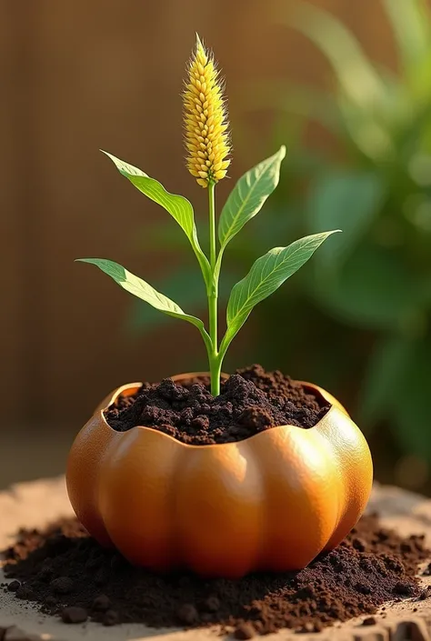 Une calebasse africaine remplie de terreaux et un plant de mil vert avec des graines jaunes