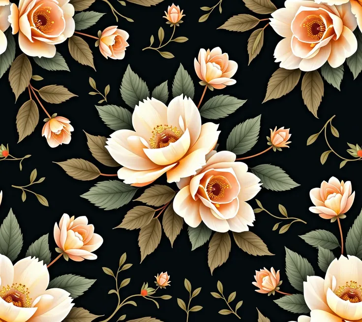 A seamless floral pattern featuring large, intricate flowers in shades of cream, gold, and soft peach, set against a deep black background. The design includes various blooms and leafy green stems, creating a rich, elegant look with a contrast between the ...