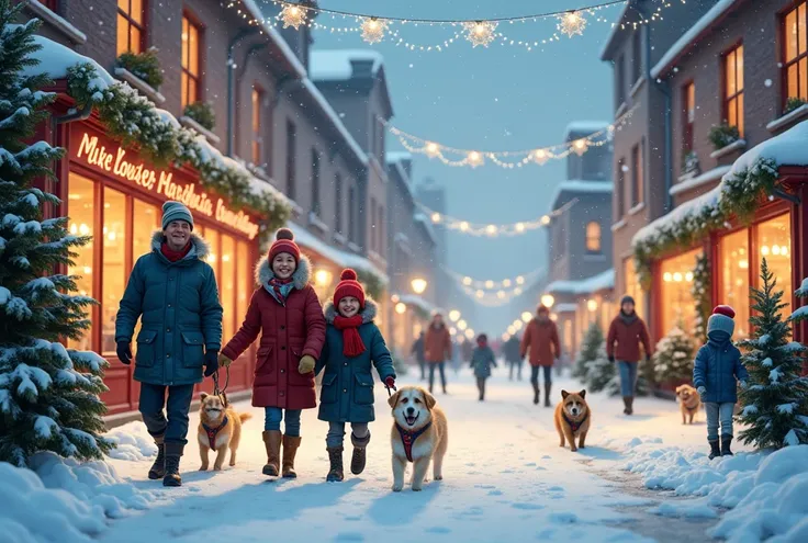 Christmas scene with people and dogs in a snowy city,  Christmas Night,  Senior Artist ,  Elaine Hamilton ,  Digital Art by  , Snow is falling, 1 8 0 0 dpi, 2023 4k,  by John Moonan , Around town,  Festival Mood , by Ernest William Christmas,  Carol Sutton...