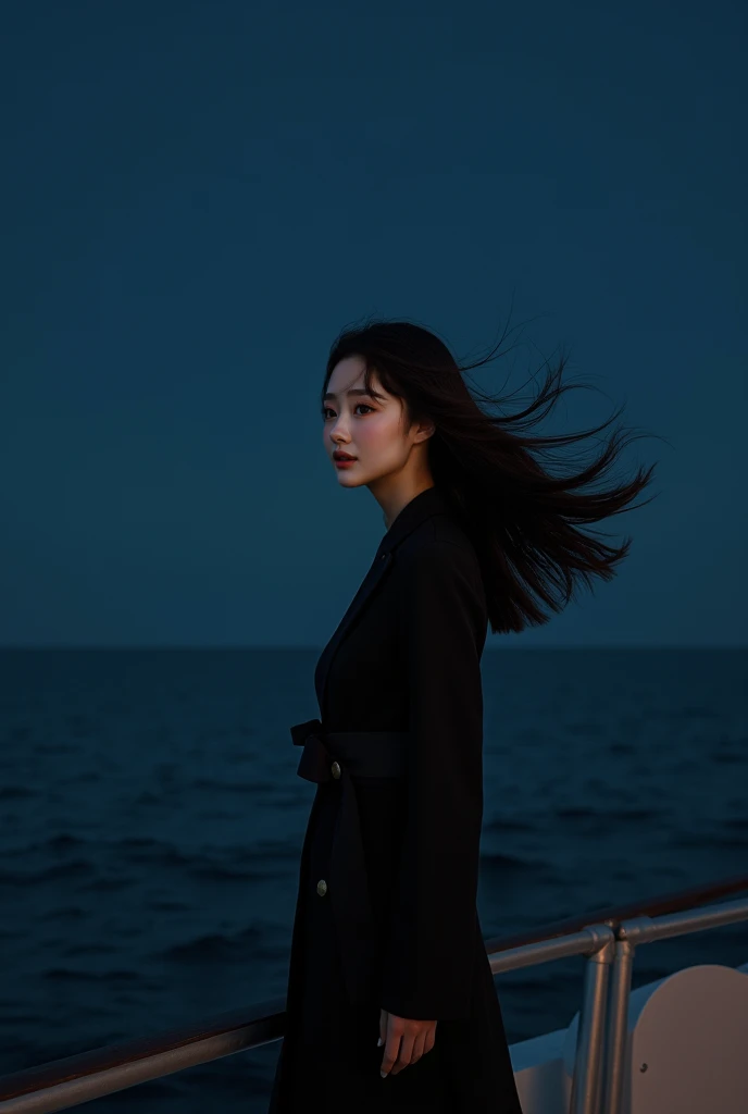 a woman standing on a boat at night with her hair blowing in the wind, a picture by Niko Henrichon, tumblr, realism, infp young woman, korean womens fashion model, a young asian woman, an asian woman, blackpink jennie, attractive girl, beautiful south kore...