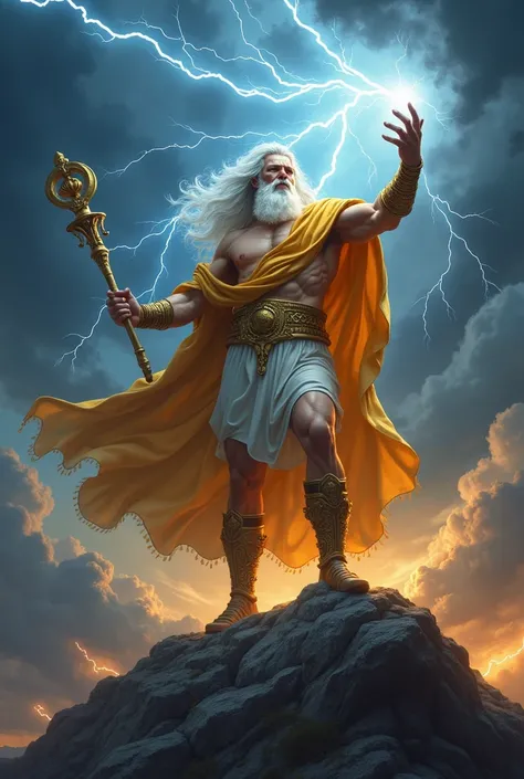 " A powerful scene of Zeus , the Greek god of lightning ,  standing on top of a mountain ,  with the dramatic and cloudy sky in the background .  He is portrayed as a man of majestic and imposing appearance,  with long white hair and a dense beard .  Zeus ...