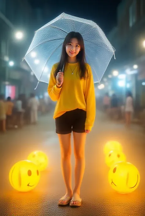 Beautiful Korean girl wearing casual yellow clothes holding a transparent umbrella, black shorts wearing transparent flip-flops with a dark street background with LED effects lit up on the corners with large smile emoji characters scattered in front and on...