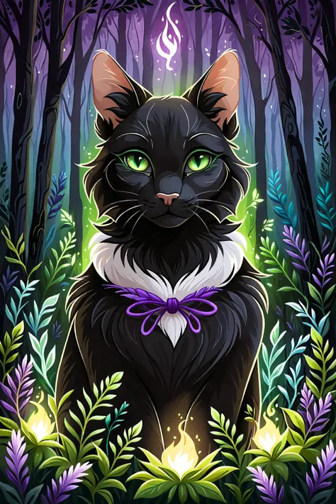 A sleek black cat with white paws and a fluffy white ruff, piercing green eyes, a visible tear on its left ear, wearing a purple herb pouch, standing in a forest, 
A wise, calm black cat with white markings, green eyes, and a torn left ear, with a mystical...