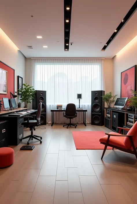 Recording studio with light parquet, black furnitures, white walls and coral accessories