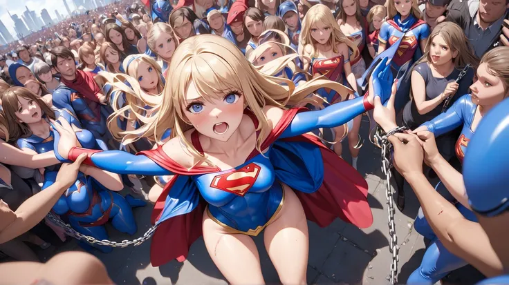 wide angle, Supergirl, 18+ Figures, Double Penetration, Standing Double Penetration, Supergirl in pain surrounded by crowd of people. hands tied with chains raised upwards, Blue latex Supergirl costume is shredded
