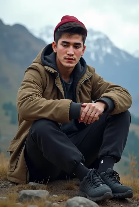 Real human photo, bagas  is a 25 years old ,.medium tall body,  shorr pixie  straight  black hair and fair skin. He has well-defined eyebrows, large black eyes, and a neutral expression on his face, jenis wearing brown jacket, black cargo pant, black mount...