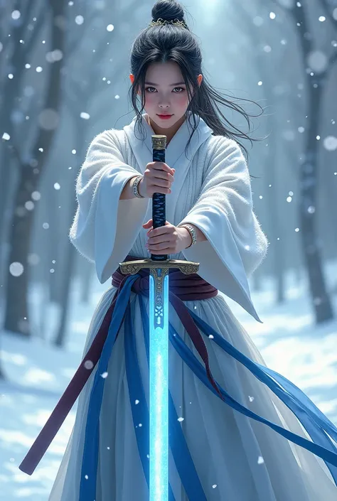 Unreal drawing .  Personnage féminin en mode portrait. Elle se tient de bout, Dressed as a samurai (white and blue ),  she holds a glowing sword horizontally in front of her face,  ready to attack or defend herself .  The scene takes place in a snowy Chris...