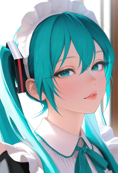 Hatsune Miku wearing an maid dress, drunk expression, Hatsune Miku, beautiful detailed eyes, beautiful detailed lips, extremely detailed face, long eyelashes, photorealistic, 8k, hyper-detailed, high quality, vibrant colors, cinematic lighting, studio ligh...