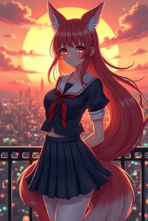 Anime nine-tailed fox woman with Japanese uniform have medium breast. She is looking to camera. She is wearing white leggings. The railing is behind her. The city is under the railing at sunset