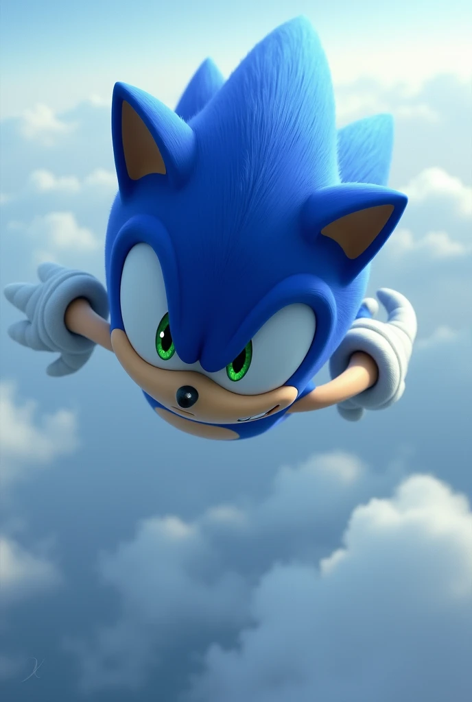 Sonic flying with a sad expression in the sky