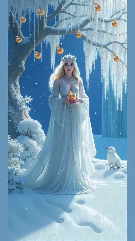 Fairy-tale  beautiful tall and slim princess in blue dress collecting golden apples from the chrystal tree in fantastic winter forest under the light of full moon in the night. Nice skin, friendly face, look of the godess, golden details on dress, deep blu...