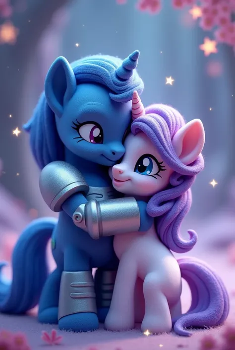 My Little Pony characters, blue haired boy Shining Armor and purple haired girl Princess Luna are hugging