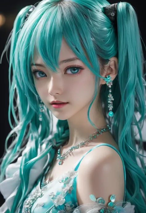 メイド服を着た Hatsune Miku 、Drunk look、 Hatsune Miku 、 beautifully detailed eyes、 beautifully detailed lips、 very detailedな顔、 long eyelashes、 photorealistic 、8k、 more、 High Quality 、 bright color、 Cinematic Lights、 Studio Lighting 、 very detailed、masterpiece、 co...