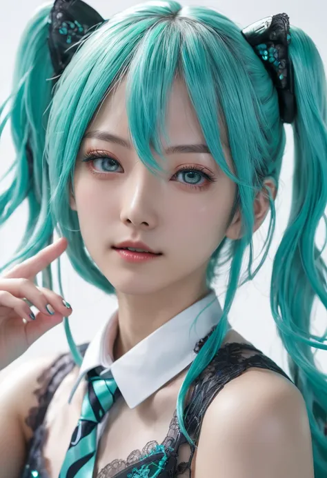 メイド服を着た Hatsune Miku 、Drunk look、 Hatsune Miku 、 beautifully detailed eyes、 beautifully detailed lips、 very detailedな顔、 long eyelashes、 photorealistic 、8k、 more、 High Quality 、 bright color、 Cinematic Lights、 Studio Lighting 、 very detailed、masterpiece、 co...