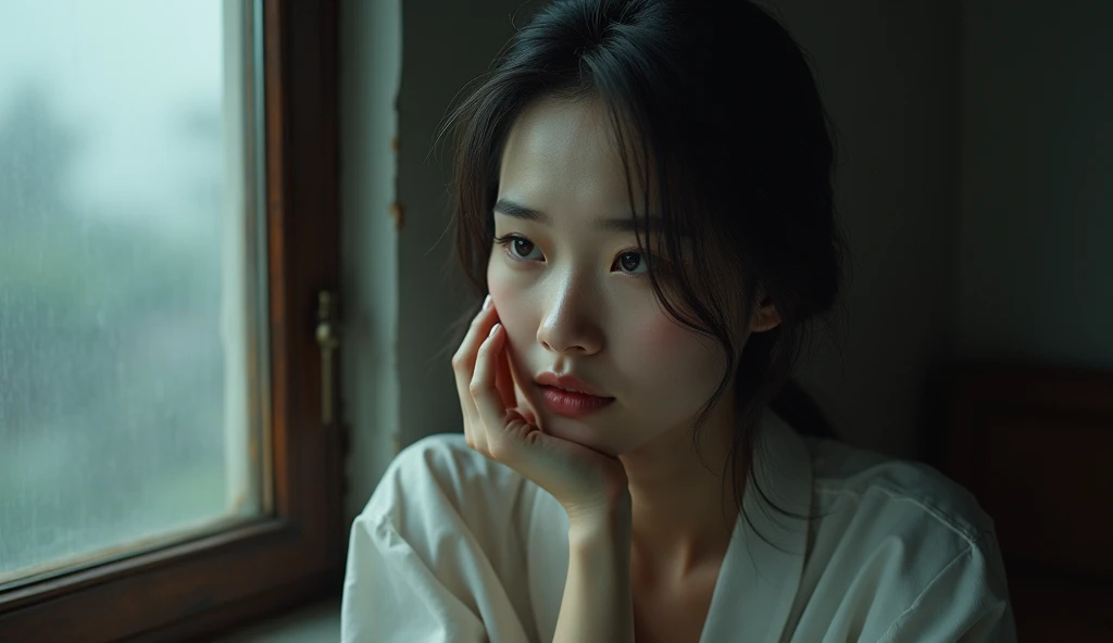  a young Vietnamese woman , chin rest  ,  looking out the window  , sad expression