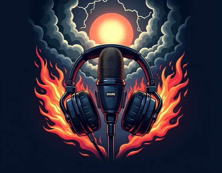 STORM RADIO METAL logo, storm, fire, microphone SHURE ,HEADPHONE