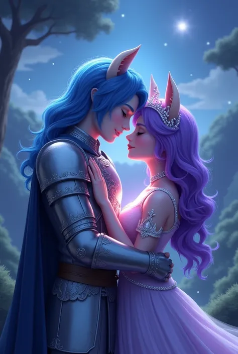 My Little Pony blue haired white skinned male character Shining Armor and purple skinned purple haired female character Princess Luna hugging