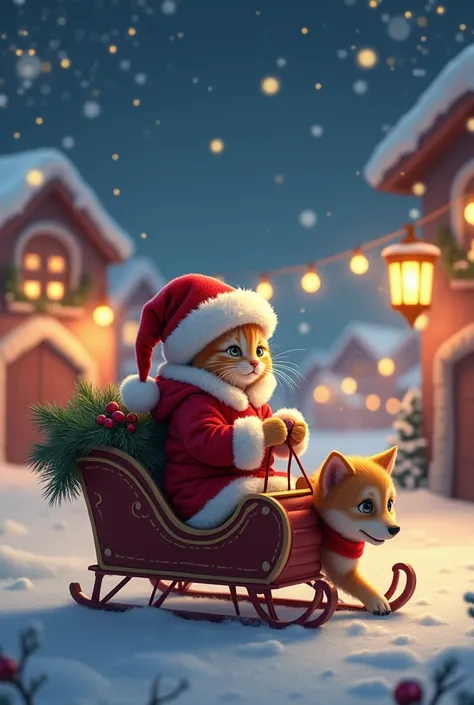 There is a snowy Christmas illuminations in the town at night, and a kitten dressed as Santa is riding on a sleigh playing with a turf dog