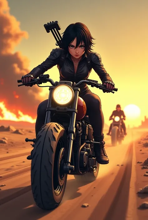 4K anime style quality, digital drawing mode, a rugged survivor with short black hair, intense gray eyes, and a leather outfit patched with armor. She rides a futuristic motorcycle with spiked tires, gripping a crossbow slung over her back.
Raven speeds ac...