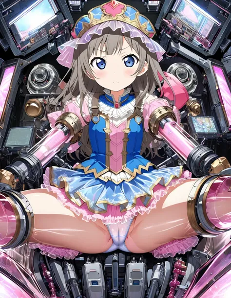 (Totooria Helmold(totori no atorie) , A detailed illustration of Totori from Atelier Totori, alchemy, ),          ( cute blazer, translucent frill, restrained, restrained by machine, shining vinyl translucent pilot suits, sitting on gundam mechanical cockp...