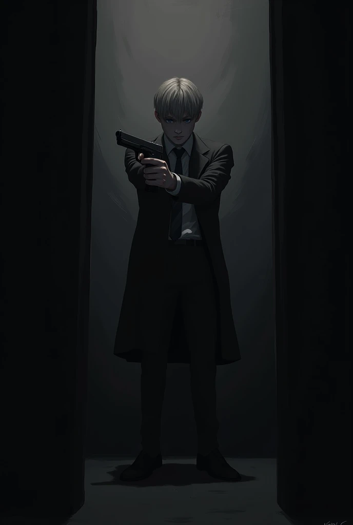 A short hair character in a dark room holding a pistol wearing a coat suit