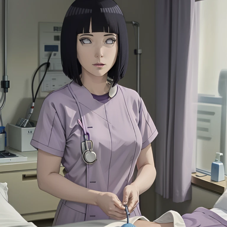 Theres a Dark Blue Hair girl, White Eyes, A Hime Cut Hairstyle, as she wears a purple see-rhrough nurse outfit while shes in hospital, tending the patients