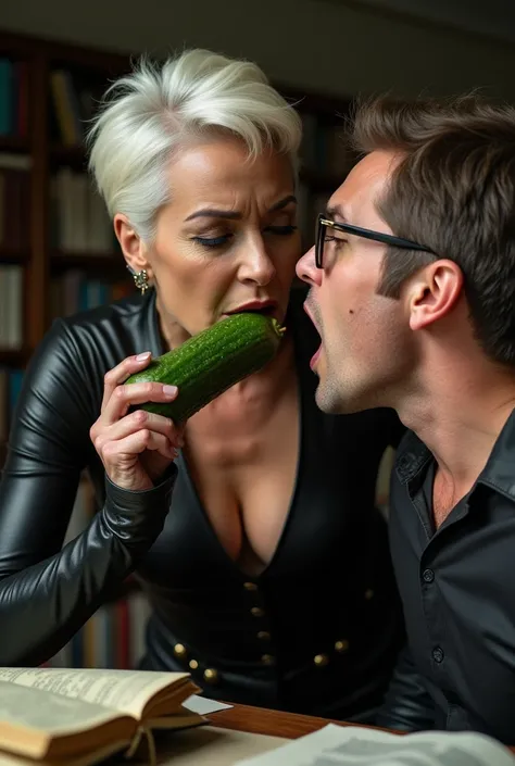  hyperrealistic,  round lover looks at the viewer and her male student , 1 woman,  x} 74-year-old sexy white-skinned woman ,  she pushes a cucumber firmly deep into the boys open mouth ,  holds the students head ,  leans forward above the student ,  tall b...