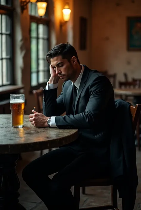 Cristiano Ronaldo is sitting in a bar with a beer in one hand and a cigarette in the other, smoking a cigarette, wearing a black suit with a white shirt, black tie and vest And hes sitting at the round stone table of the tavern, frowning as if hes falling ...