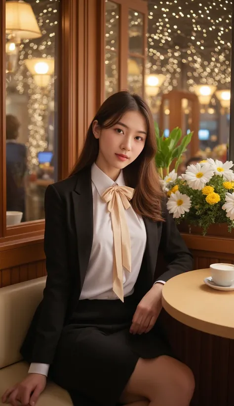 A 20-year-old girl in a white shirt with a cream bow tie, a black jacket,  sits in a cafe decorated in a New Years style