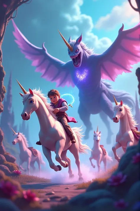 In cinematic 3d cartoon style "there are 5 unicorns with there deferent powers.... Describe a dramatic moment when one unicorn rider is almost captured by the chudail’s magic."