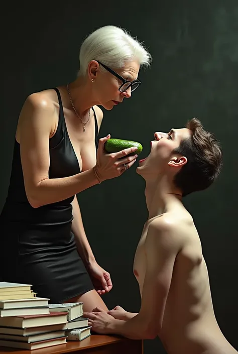  hyperrealistic,  round lover looks at the viewer and her male student , 1 woman,  x} 74-year-old sexy white-skinned woman , she pushes a cucumber firmly deep into the open mouth of a skinny young boy ,  holds the students head ,  leans forward above the s...