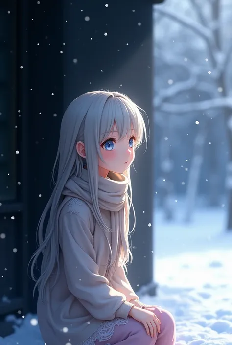 Create an image of an anime girl in winter (on the left of the photo is a black background, on the right is the character leaning on and looking up at the snowy sky)