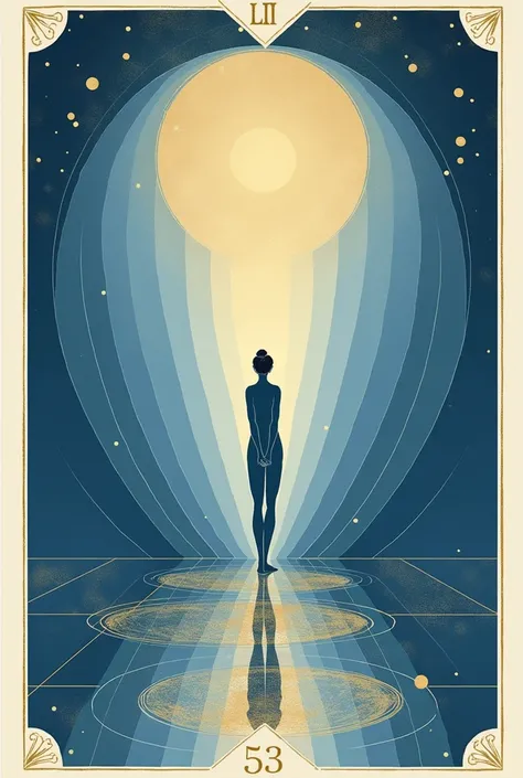 Design a minimalist tarot card for Day 53 featuring the Roman numeral LIII in an elegant serif font at the top center. The central illustration should depict an abstract figure standing tall and radiating light, surrounded by circular patterns or glowing b...