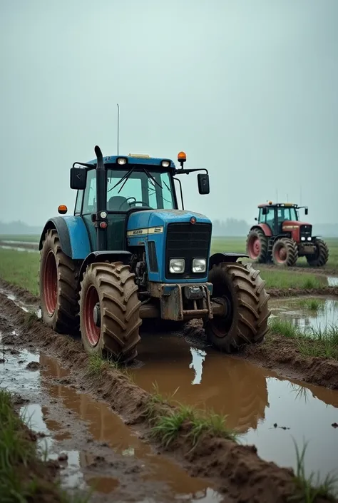 3. In the rain the field : MUDDY GROUND, MODERN TRACTORS STUCK, AND ALIS OLD BLUETRACTOR PULLED ALL OVER.
