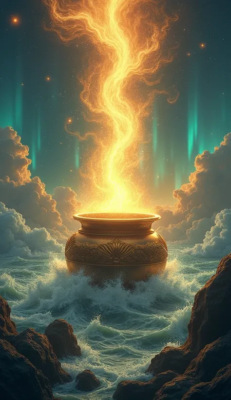 A hyper-realistic depiction of the pot of Amrit (elixir) rising from the ocean during the Samudra Manthan. The pot radiates golden light, surrounded by swirling water and celestial energy. The Devas and Asuras are shown lunging toward the pot, their expres...