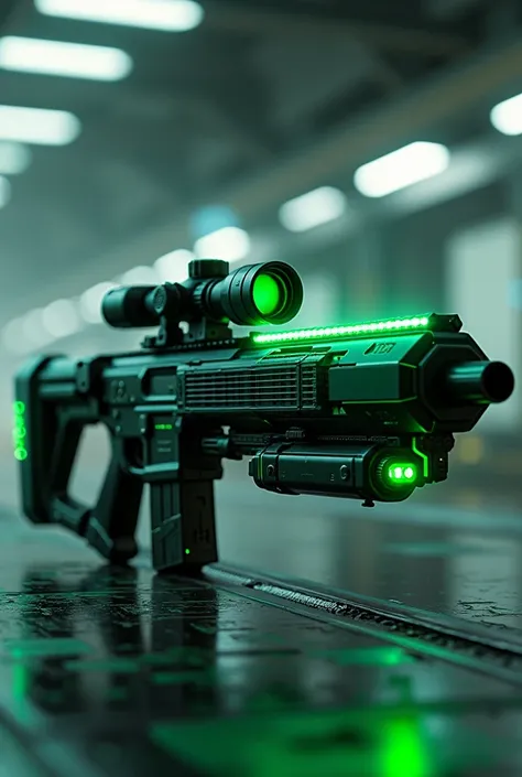 sci-fi pictures, heavy sniper gun, high technology, many green glowing LED strips, horizontal angle shots, panoramic zoom.