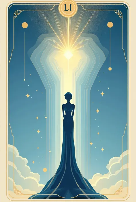 Design a minimalist tarot card for Day 53 featuring the Roman numeral LIII in an elegant serif font at the top center. The central illustration should depict an abstract figure standing tall and radiating light, surrounded by circular patterns or glowing b...