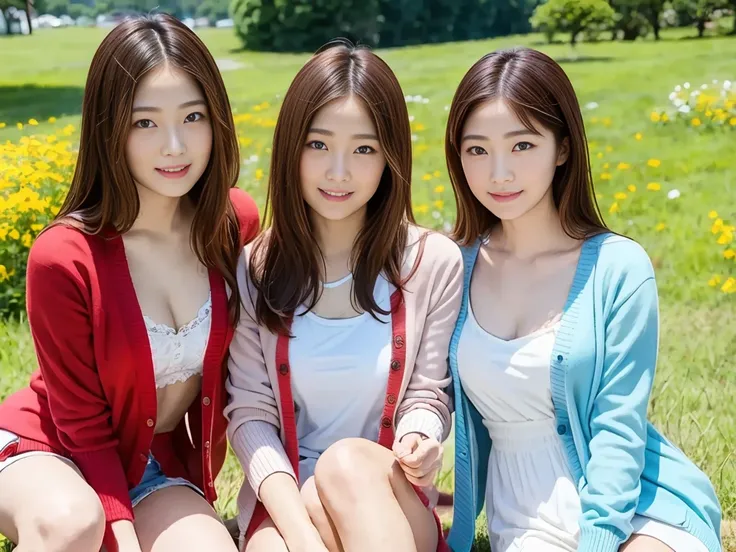 (3 girls), Youthful faceอินโดนีเซีย,  ,smilewhite skin , Round chest,   blue eyes  ,(( Wear a single-breasted red cardigan, See the chest.))  Masterpiece ,  stains , 8k, Beautiful girl, Youthful face、 take a photo,  cute looking, Thigh,In the grassland, Sh...