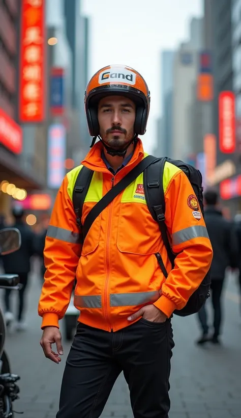 Anh chàng trẻ người Trung Quốc,  dressed in shipper uniform with bright jacket  (orange or yellow )  with reflective strip ,  wearing a helmet with the delivery service logo and wearing a cross-shoulder bag.  He stands confidently next to his motorcycle , ...