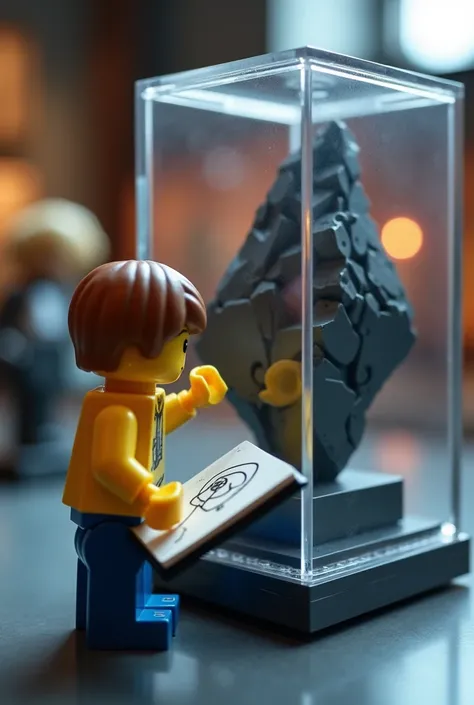 Inside the LEGO museum, a close-up shot of the Lunar Shard display. The shard itself is a jagged, dark gray LEGO element with irregular black speckles, enclosed in a reinforced clear LEGO case made of transparent bricks. The base of the case is a dark gray...