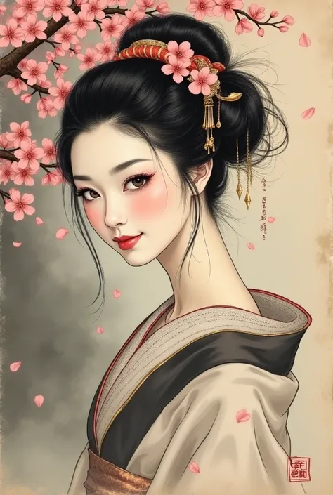 Ink Painting、Old paper texture、Damaged Paper、Old style、Faded color、Thick Fog、composition、Golden Ratio、Functional、grace、detail、background、Soft colors、Blurred Lines、Paintings from the Edo period、against a background of blooming cherry blossoms、The courtesan ...