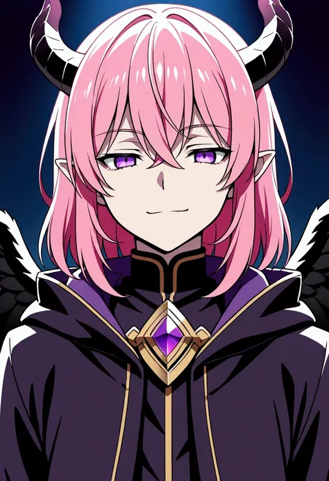 fuchsia hair, pink hair {{degraded color}}, medium hair, purple eyes, male, solo, isekai black clothes, CG, arrogant smile, demon boy, hornless, sleeveness, black wings