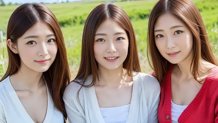 (3 girls), Youthful faceอินโดนีเซีย,  ,smilewhite skin , Round chest,   blue eyes  ,(( Wear a single-breasted red cardigan, See the chest.))  Masterpiece ,  stains , 8k, Beautiful girl, Youthful face、 take a photo,  cute looking, Thigh,In the grassland, Sh...