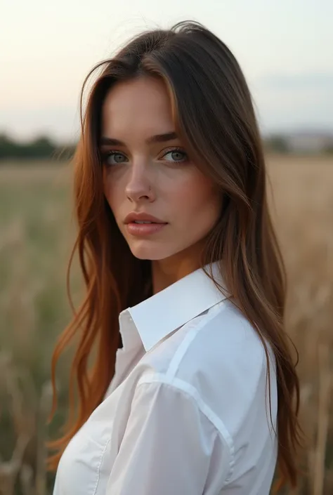 1 very good looking 25 years old girl in shot posing, long brown hair, realistic young face, sexy white shirt, from the side, model posing, beack landscape