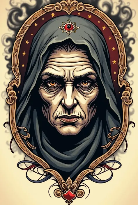 Create a tattoo of a fortune tellers face in old school style.