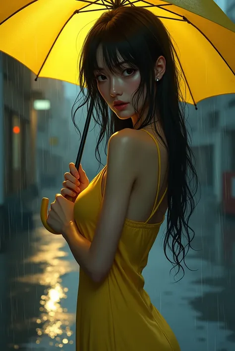 A cinematic, noir-style illustration of a raven-haired japanese woman standing under the rain. She wears a yellow thin satin dress which clings to her form as water runs down her face and shoulders. She holds an yellow umbrella in one hand, tilted slightly...